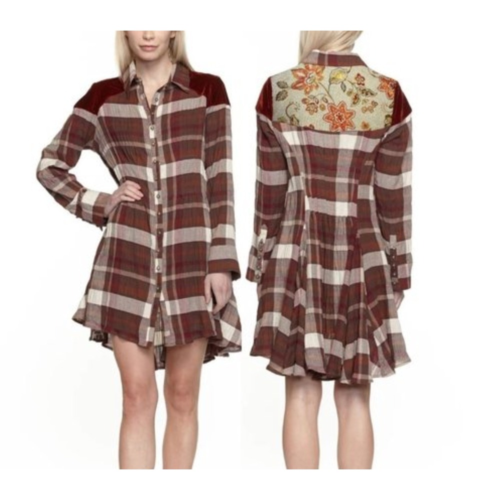 Aratta Silent Journey Plaid Velvet‎ Tapestry High Low Shirt Dress ED19I724 M